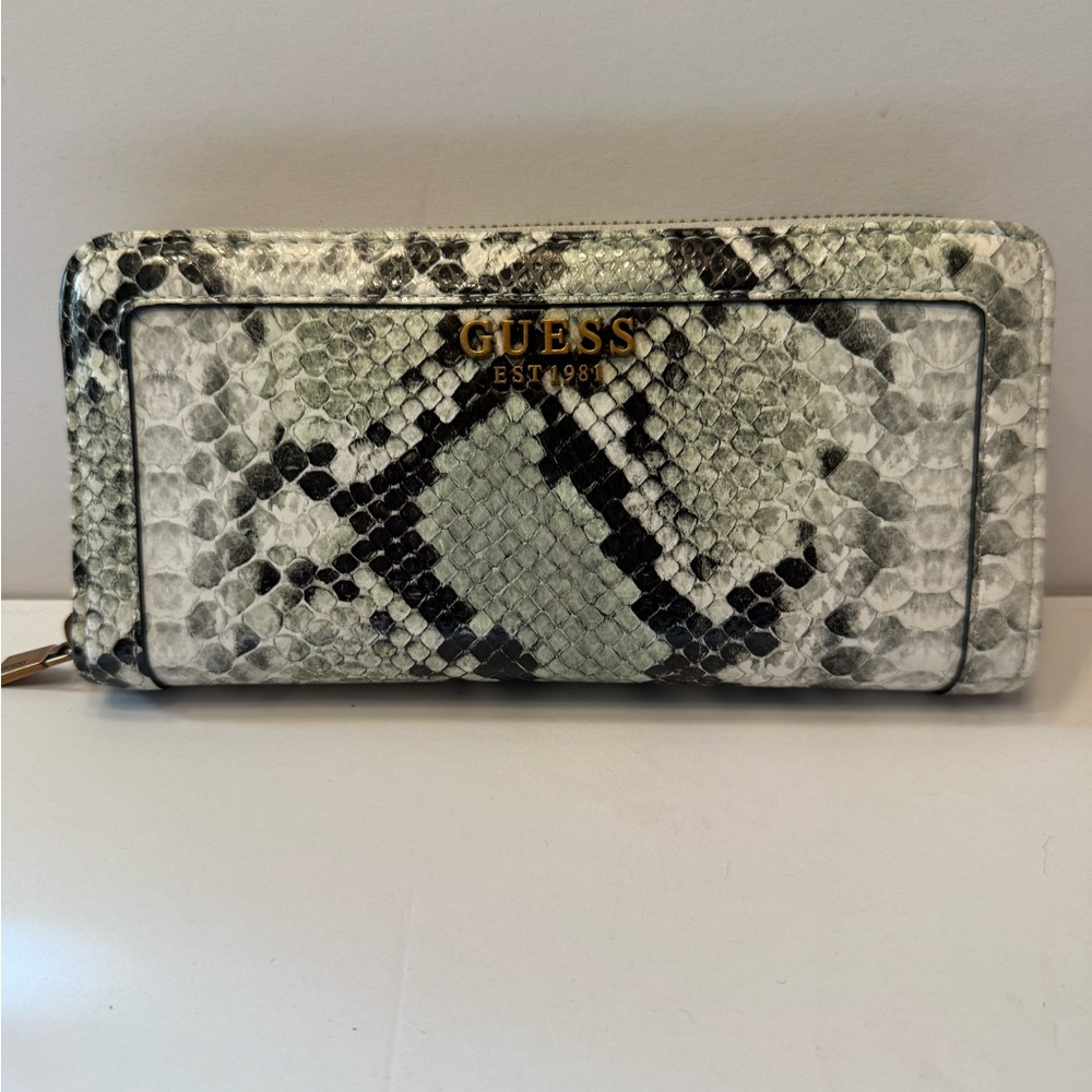GUESS Large Zip-Around Wallet – Snakeskin Print - Compact Organizer Gold Logo